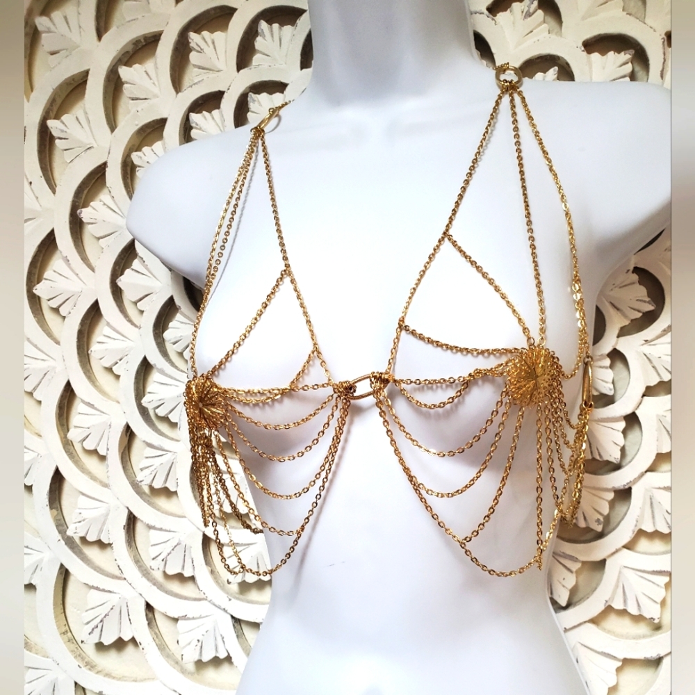 Goldtone Chain Bikini Top Rave Pool Beach Jewelry Small Medium